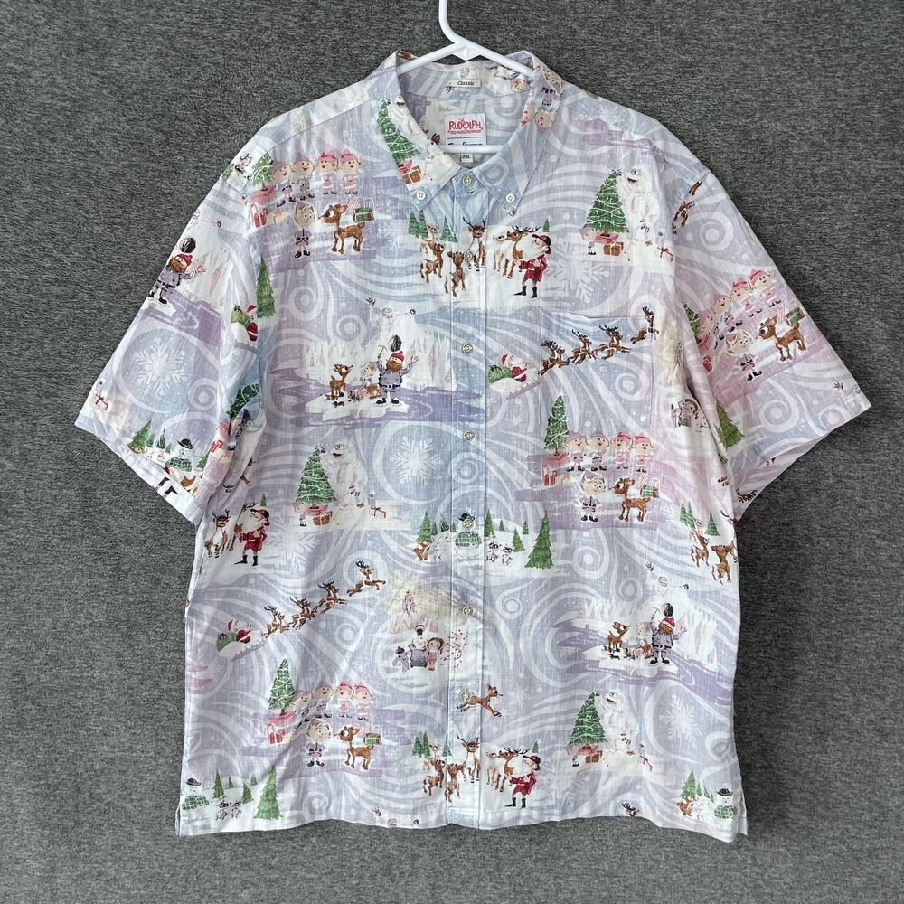 Reyn Spooner Shirt Mens 2XL Multicolor Rudolph Christmas Short Sleeve Button‎ Up